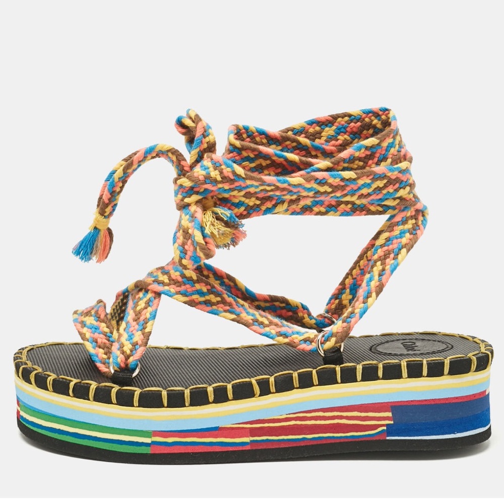 Chloe Multicolor Braided Wrap Platform Sandals — Black Footbed